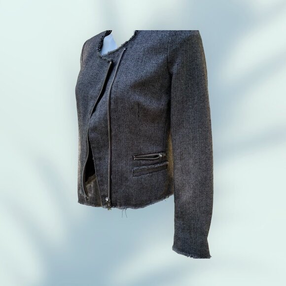 MNG Casual Womens Tweed Zipper Jacket - XS / S - Gray With Frayed Edges & Pocket - Picture 9 of 13